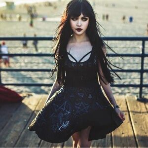 Killstar Vicky Veil Black Skater Dress Occult Print Size Medium